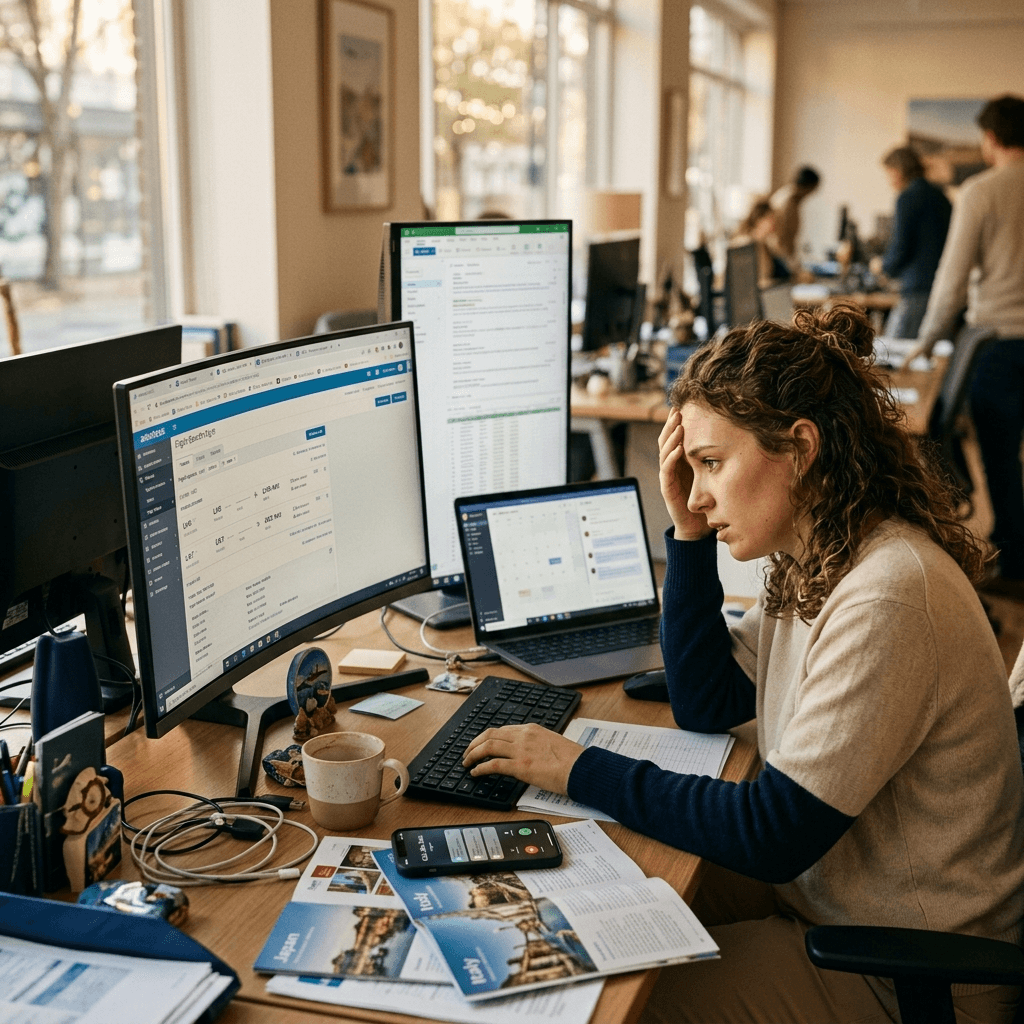 Persona organizando viaje con múltiples pantallas