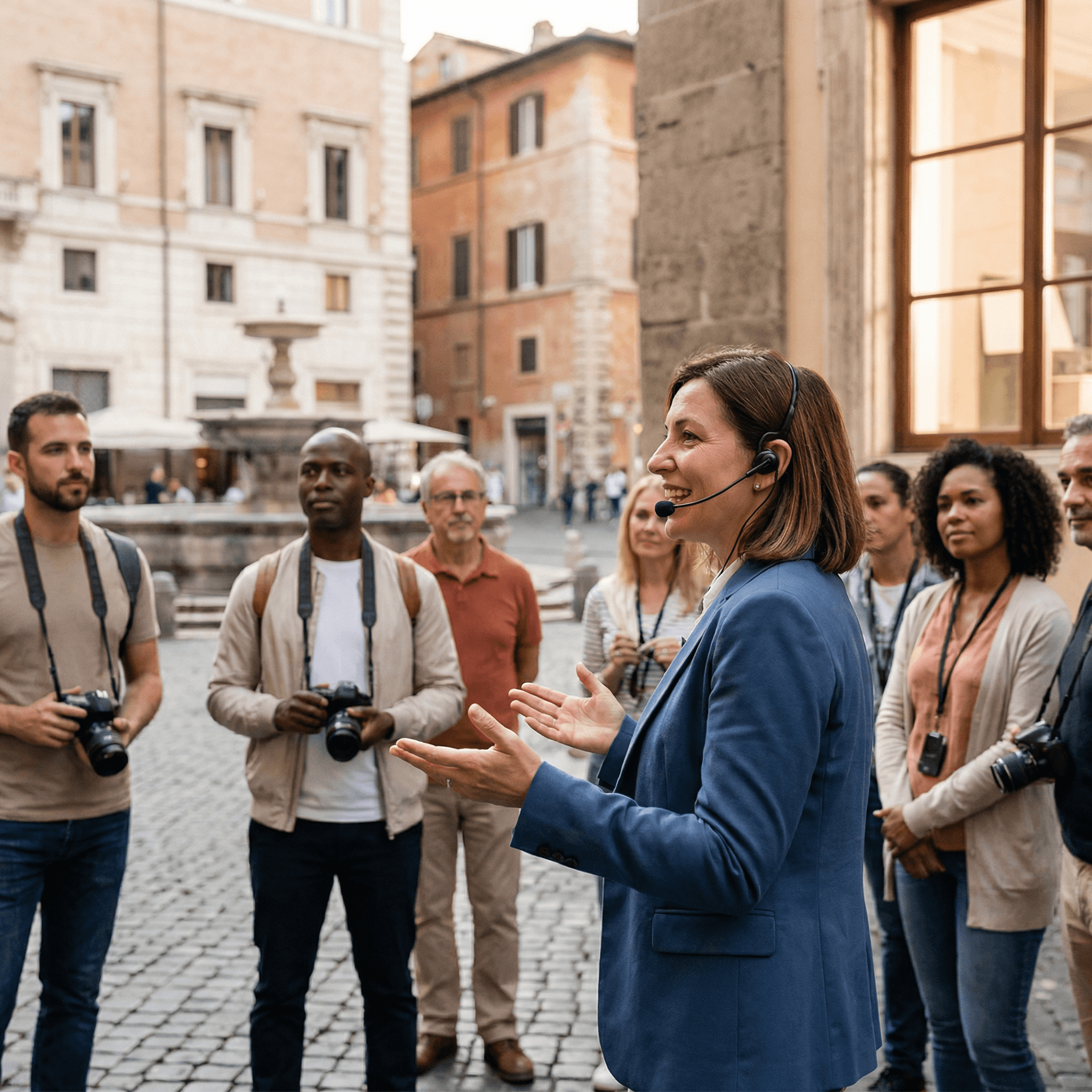 Guía turística con grupo en ciudad